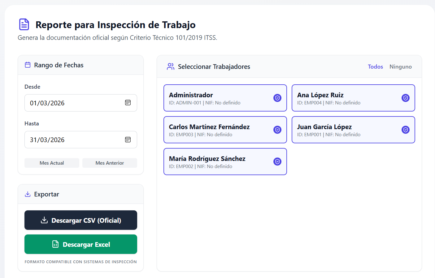 Reportes oficiales para inspección y auditoría